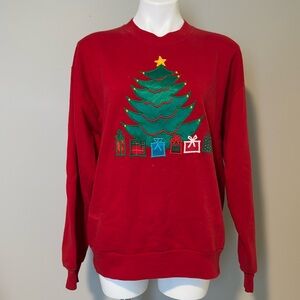 Vintage Ugly Christmas Xmas Sweatshirt Tree Presents Embroidered Shiny Large